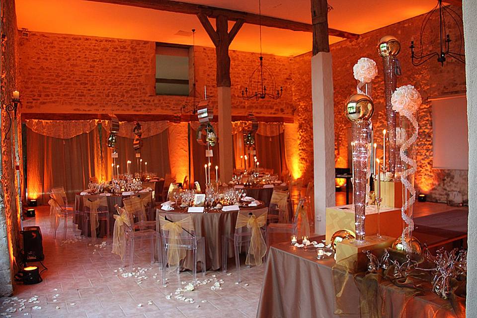 The reception hall decorated for a wedding dinner